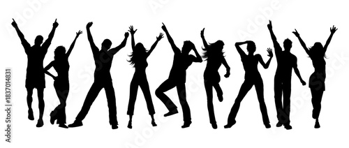 Happy Dancing People Silhouette Set with Raised Hands and Energy