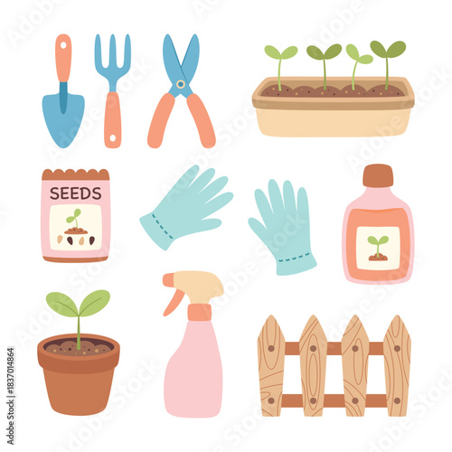 cartoon garden set isolated, flat style