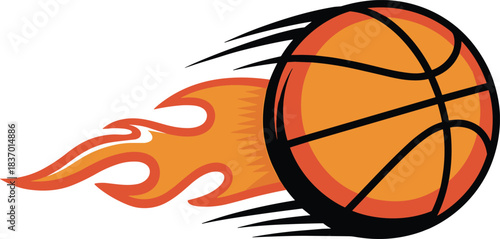 Flaming basketball illustration, sports energy concept, dynamic motion graphic, fiery ball artwork, speed and power, athletic design, game intensity