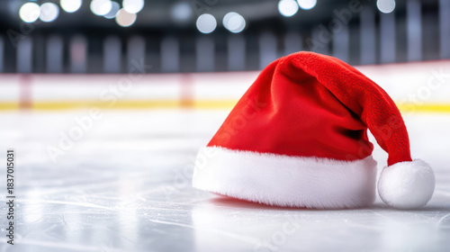 Santa Hat on Ice Rink Festive Holiday Sports Scene A bright red Santa hat resting on the smooth, textured surface of an ice rink with arena lights softly glowing in the background
