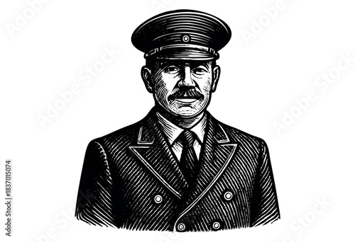 A vintage portrait of a uniformed conductor with a cap and a double-breasted suit in a retro engraved style — stock illustration.
