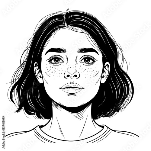The face of a girl with dark hair, with freckles on her nose, a black and white sketch.Vector illustration. Portrait of a student and a man with good mental health isolated on a white background28