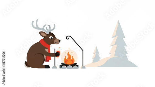 A cartoon reindeer wearing a red scarf sits by a campfire with a stick in a snowy forest scene with pine trees in the background.