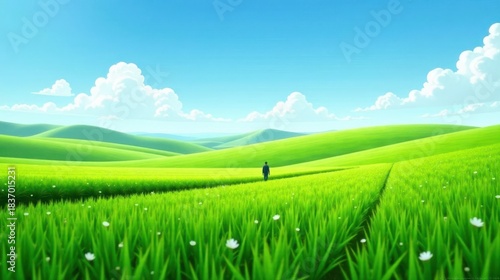 Fototapeta Naklejka Na Ścianę i Meble -  A lone figure journeys across a vibrant, rolling meadow under a clear, sunny sky