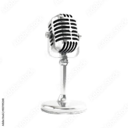 Retro halftone illustration of a vintage microphone on a stand, isolated on white background.