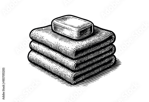 A stack of neatly folded towels topped with a bar of soap in a vintage engraving style — stock illustration.