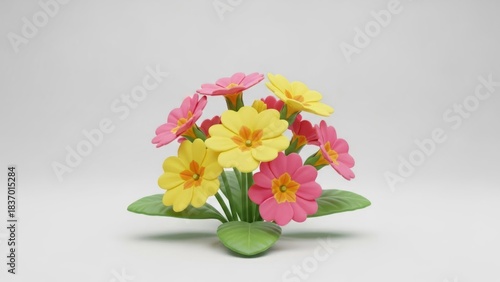 A colorful arrangement of pink and yellow flowers with green leaves on a white background.