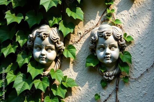 Serene cherubic busts adorned with vibrant green foliage, a tranquil garden wall scene