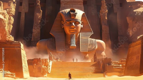Colossal Pharaoh statues tower over golden sands, whispering ancient tales of Egypt’s grandeur and timeless reign.