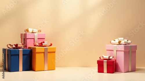 A Festive Arrangement of Presents with Elegant Ribbons and a Soft Background