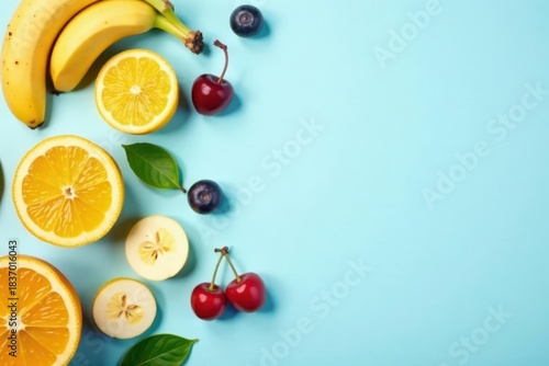Vibrant Summer Fruit Arrangement on a Light Blue Background Featuring Bananas, Oranges, Cherries, and Berries