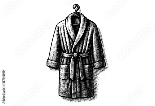 Detailed engraved illustration of a bathrobe hanging on a hanger — stock illustration.