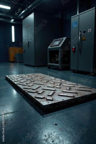 Rustic Metal Plate in Industrial Setting with Dark Metallic Cabinets and Equipment