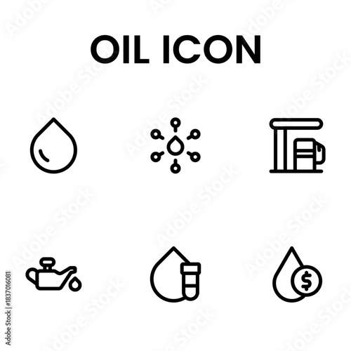 Modern oil icon set featuring petroleum drop symbols, fuel barrel graphics, energy fluid elements and industrial liquid illustrations for web and print use.