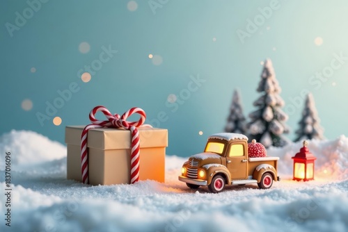 A Festive Winter Scene A Miniature Truck Delivers a Gift Wrapped in Candy Cane Ribbon, Nestled in a Snowy Landscape Adorned with Illuminated Pine Trees and a Lantern