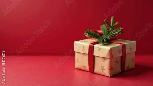 A Beautifully Wrapped Gift Box with Festive Evergreen Sprig Resting on a Deep Red Surface