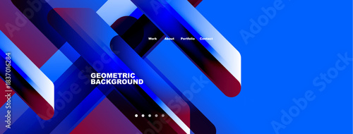 Abstract geometric design. Blue, purple gradients dominate. Minimalist website header includes navigation options, dots below. Modern aesthetic.