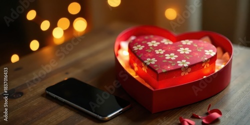 Romantic heart-shaped gift box with illuminated interior and mobile phone on wooden surface