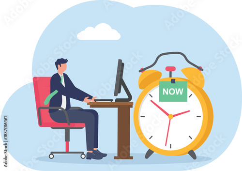 businessman with pencil after he wrote the word Now on note and stick it on ringing alarm clock.
