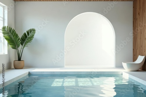 Serene Indoor Pool Design Minimalist White Architecture with Tropical Plant and Modern Bathtub