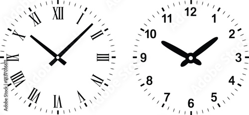 Two clocks showing different times with roman and arabic numerals