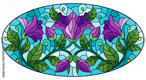 Illustration in stained glass style flower of pink lily on a blue background ,oval  image