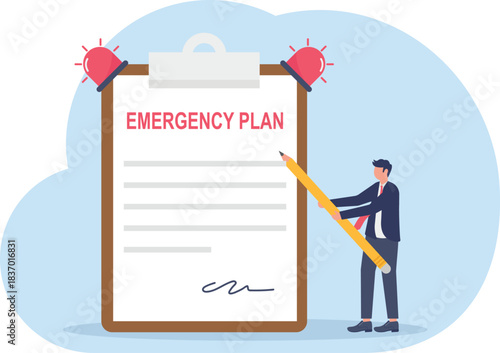 smart businessman leader holding pencil with paper of emergency plan flashing siren.
