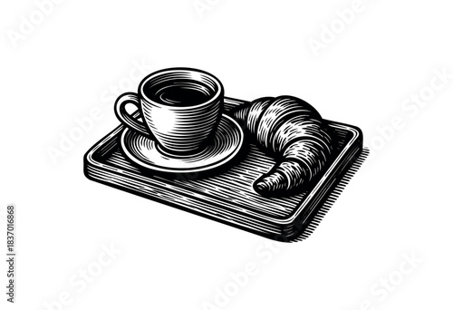 black coffee and croissant on tray clip art preview