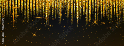  Gold confetti and sparkling stardust falling like rain through darkness, illuminated by glowing particles and shimmering golden lights for elegant events.