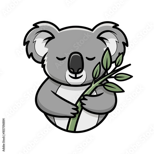 Cute cartoon koala bear mascot peacefully hugging a eucalyptus branch with closed eyes illustration