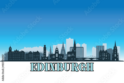Global city Edinburgh shown in a detailed vector skyline with a bright blue sky