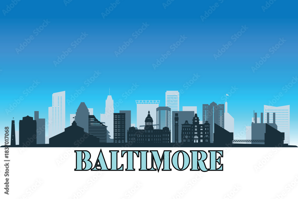 Naklejka premium Global city Baltimore shown in a detailed vector skyline with a bright blue sky