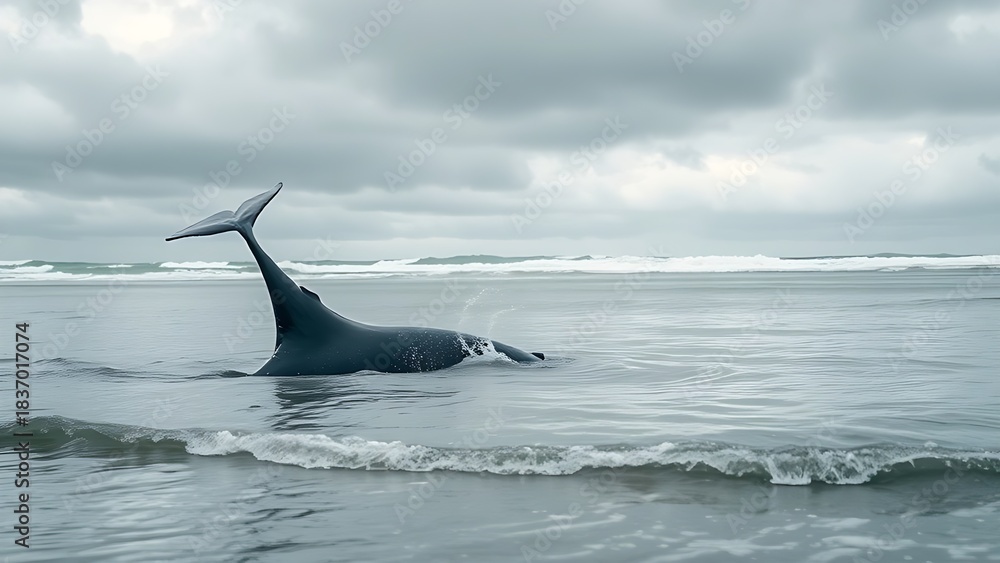 Fototapeta premium motherliness. Beached whale with tail fin splashing in shallow water under overcast sky. wildlife magazines, conservation campaigns, designed for eco-tourism storytelling.