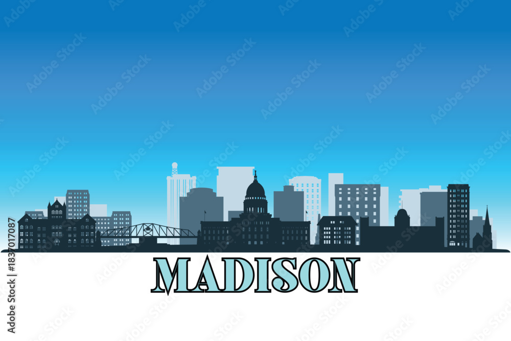 Naklejka premium Global city Madison shown in a detailed vector skyline with a bright blue sky