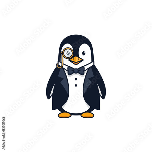 Dapper penguin mascot wearing a tuxedo and monocle perfect for formal tech or business branding