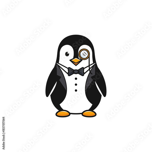 Dapper tuxedo penguin mascot wearing a monocle and bow tie perfect for formal technology branding