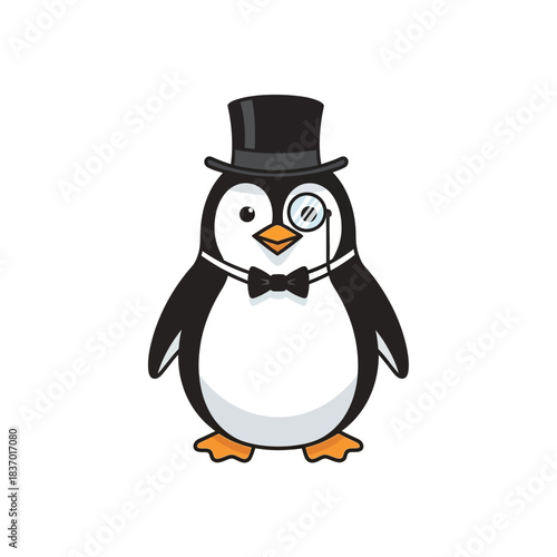 Dapper cartoon penguin wearing a black top hat monocle and bowtie stands