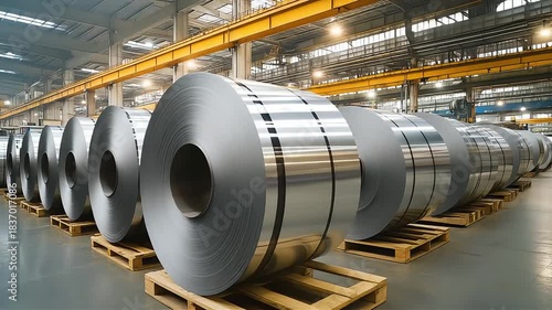 Many large steel coils are stacked neatly in the warehouse, ready for industrial processing and transport.
