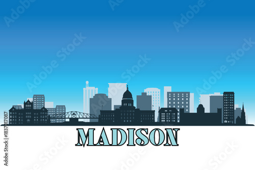Global city Madison shown in a detailed vector skyline with a bright blue sky