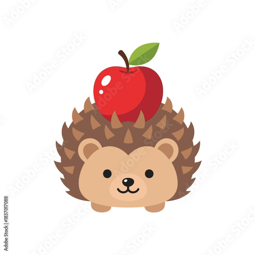 Cute cartoon hedgehog character balancing a bright red apple on its prickly brown back illustration