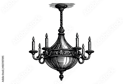 A detailed vintage chandelier with ornate design and candle fixtures is rendered in a classic engraving style — stock illustration.