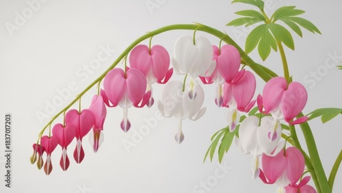 A pink and white bleeding heart plant with green leaves against a white background.