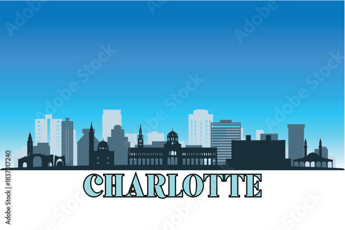 Global city Charlotte shown in a detailed vector skyline with a bright blue sky