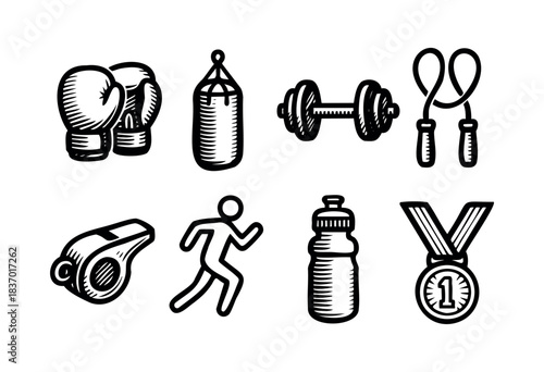 Black and white sketch of fitness, sport and exercise equipment — stock illustration.
