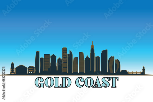 Global city Gold Coast shown in a detailed vector skyline with a bright blue sky