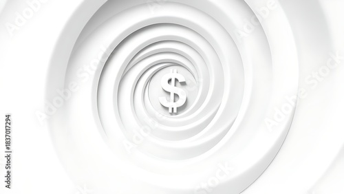 cynicism. A distorted spiral pattern featuring a currency symbol at its center in monochromatic graphic design style. pitch deck slides.