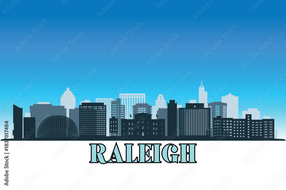 Naklejka premium Global city Raleigh shown in a detailed vector skyline with a bright blue sky