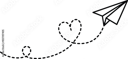 Hand drawn paper airplane flying with a dotted heart shaped trail