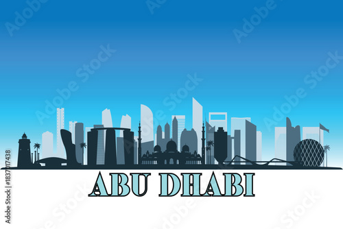 Global city Abu Dhabi shown in a detailed vector skyline with a bright blue sky