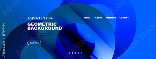 Blue abstract website design. Geometric shapes, text overlays, navigation menu present. Modern, clean aesthetic.